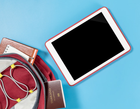 Blank tablet screen for travel backpacker website application mock upの写真素材