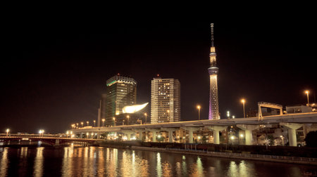 Tokyo, Japan - May 2, 2017: Tokyo Skytree and Asahi building is lighten up at night.