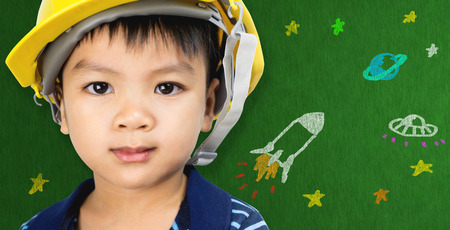 Engineering boy with Space Science cartoon for futuristic education conceptの写真素材