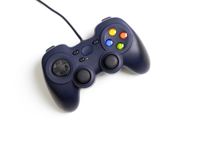Blue wired Computer game pad isolated on whiteの写真素材