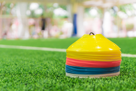 Plastic cone training plates for Indoor grass field sport trainingの写真素材
