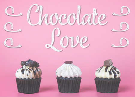 Chocolate Cupcake with Chocolate Love concept on pink backgroundの写真素材