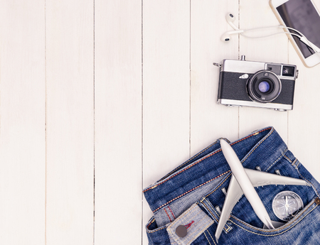Travel fashion and object on white wooden copy space for travel conceptの写真素材