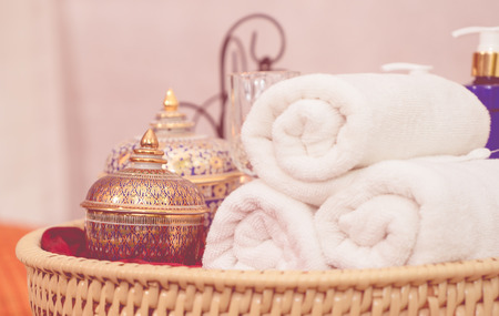 Thai Style luxury spa equipment objects on wooden trayの写真素材