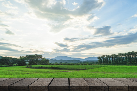 Blank empty wooden table on nature mountain viewの写真素材