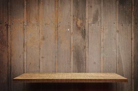 Empty Wooden shelf surface, shelf counter for product displayの写真素材