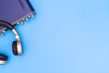 music interface and headphone on blue backgroundの写真素材