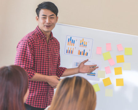 Business man is training office worker on whiteboard