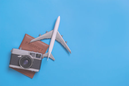 retro Travel objects for world travel concept on blue background