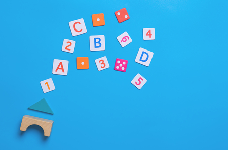 Home schooling concept toy alphabet and number on blueの写真素材
