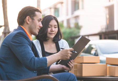 Business people is working and meeting outdoor near officeの写真素材