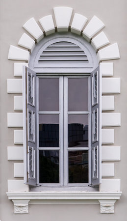 Gray vintage wooden windows with white border