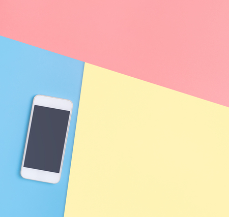 Empty Mobile phone screen on blue copy space for poster and textの写真素材