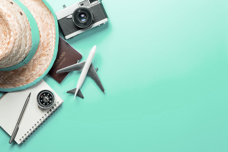Summer Travel accessories on teal background copy spaceの写真素材