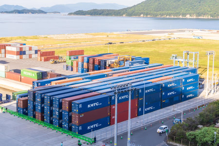 Takamatsu; Japan - 25 Sep 2019 : Freights and cargo stacked up ready to be transport from Japan to...