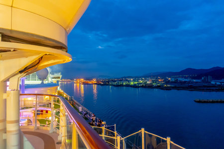 Sakaiminato, Japan - 28 Sep 2019 : Tourist are relaxing on the top deck of Diamond Princess cruise...