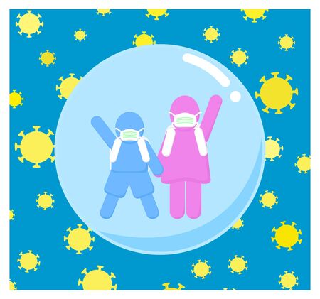 Girl and Boy school students is protected from virus by wearing a mask in a bubble.のイラスト素材