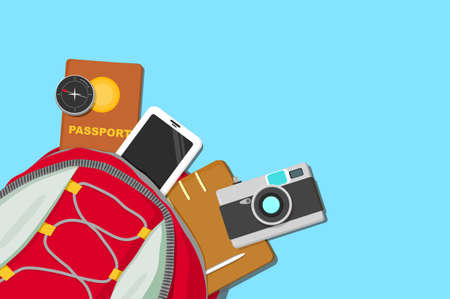 Backpacker tourist travel gadgets and objects coming out of travel backpack with copy spaceのイラスト素材