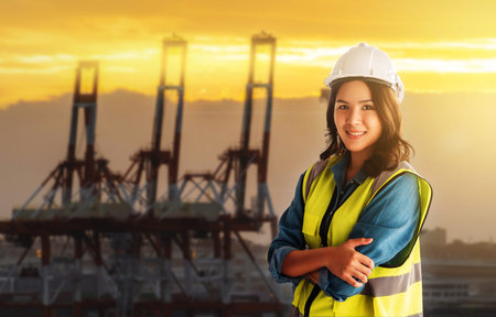 Female engineer is standing infront sea port cargo crane harbor terminal.
