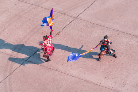 Sakata; Japan - 30 Sep 2019 : Locals are dressed up as Samurai dancing with falg in Sakata town...