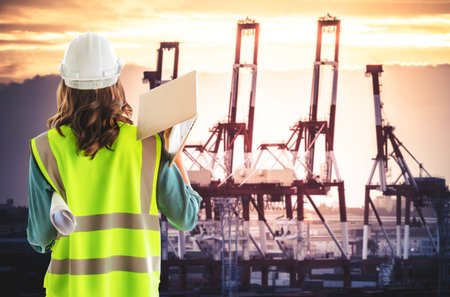 Female engineer with computer and blueprint is standing infront sea port cargo crane harbor...
