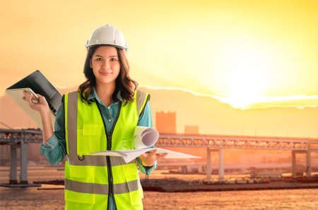 Female Civil engineer with computer and blueprint is standing infront City tranportation bridge over...