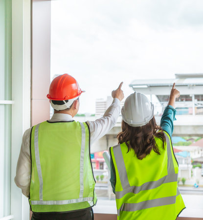 Two Civil engineers team with one female is discussing about transporation construction site
