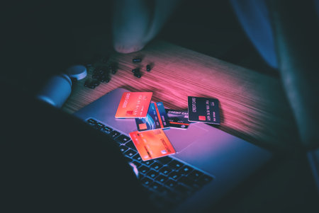 caucasian male is tring to work out how to manage the credit cards over debt with stressedの写真素材