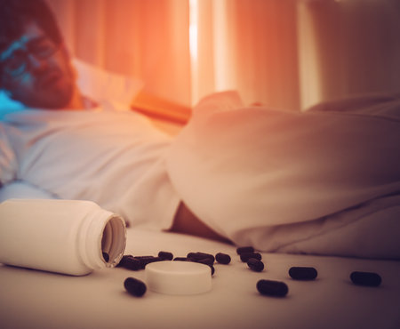 tired caucasian male having stressed problem with sleeping pill medication for insomnia treatment.の写真素材