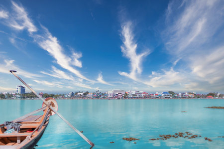 Head of row boat in a beautiful lake of Phayao, Thailand. For Asian travel Background.の写真素材