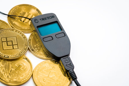 Bangkok, Thailand - 7 August 2022 : Trezor one is a cryptocurrency hardware wallet that safely store your crypto.のeditorial素材