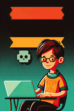 Kid Coding illustration banner with copy space, for student programming classes poster, Generative AIの素材