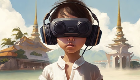 Girl wearing Virtuality google for Asian Metaverse concept banner, Generative aIの素材