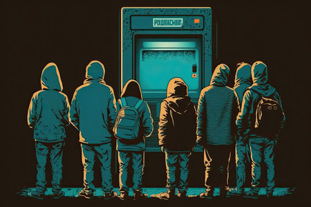 Angry People standing around a malfunction ATM cannot get money out, Bank Run concept, Generative AIの素材