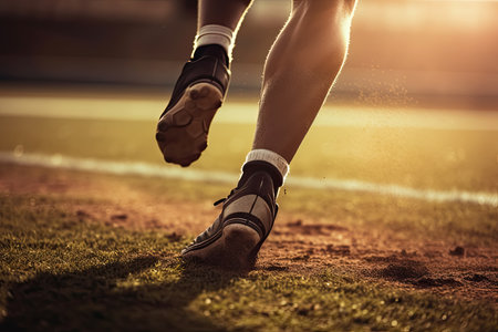 Feet with soccer boot running on soccer field, Generative AIの素材