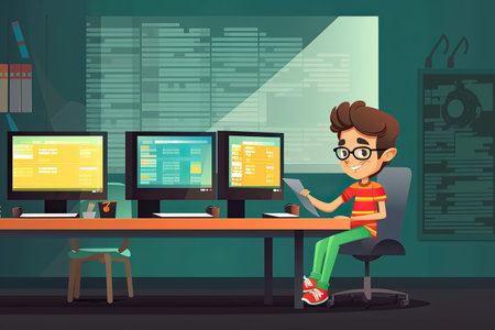 Teen Programmer working on project in a room full of computers, Generative AIの素材