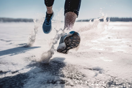 Sneaker Feet running on thick snow for winter exercise concept, Generative AIの素材
