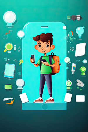 Boy is using Mobile phone for high technology banner, poster, Generative AIの素材