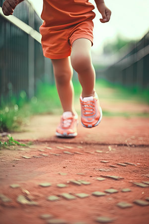 Healthy kid feet is running on a playground, Generative AIの素材