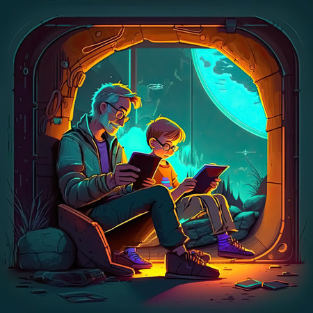 Father and Child sitting in a futuristic world using technology together, Generative AIの素材