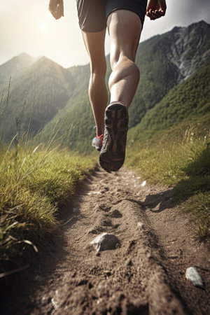 Sport Hiker hiking and trekking on a mountain dirt, Generative AIの素材