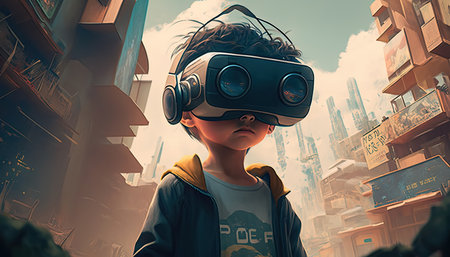 Boy Wearing a VR headset Traveling in a Metaverse Futuristic City, Generative AIの素材