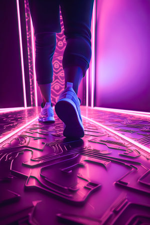 Sneaker walking on neon floor light futuristic concept, Generative AIの素材