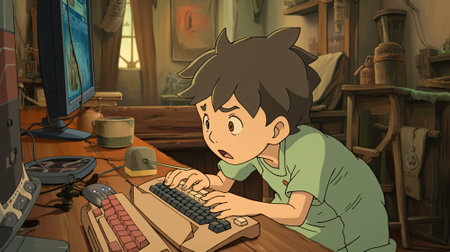 Surprised kid is playing game on computer in his room, Generative AIの素材