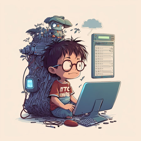Small genius kid sitting with computer learning coding, Generative aiの素材