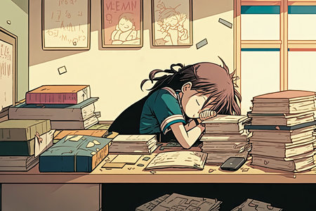 Tired and stressed Students are sleeping on table full of Books, for Exhausted education concept.の素材
