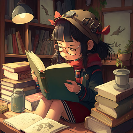 Kid is reading book on a table full of books for educational concept, Generative AIの素材