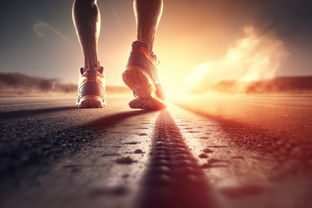 Runner feet with sport shoes getting ready for a walk and run work out with dramatic light sunflare, Generative AIの素材