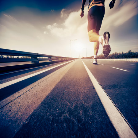 Marathon runner feet running on the highway, Generative AIの素材
