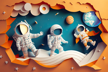Paper cut poster of Children as Astronaut for Technology Educational concept, Generative AI.の素材